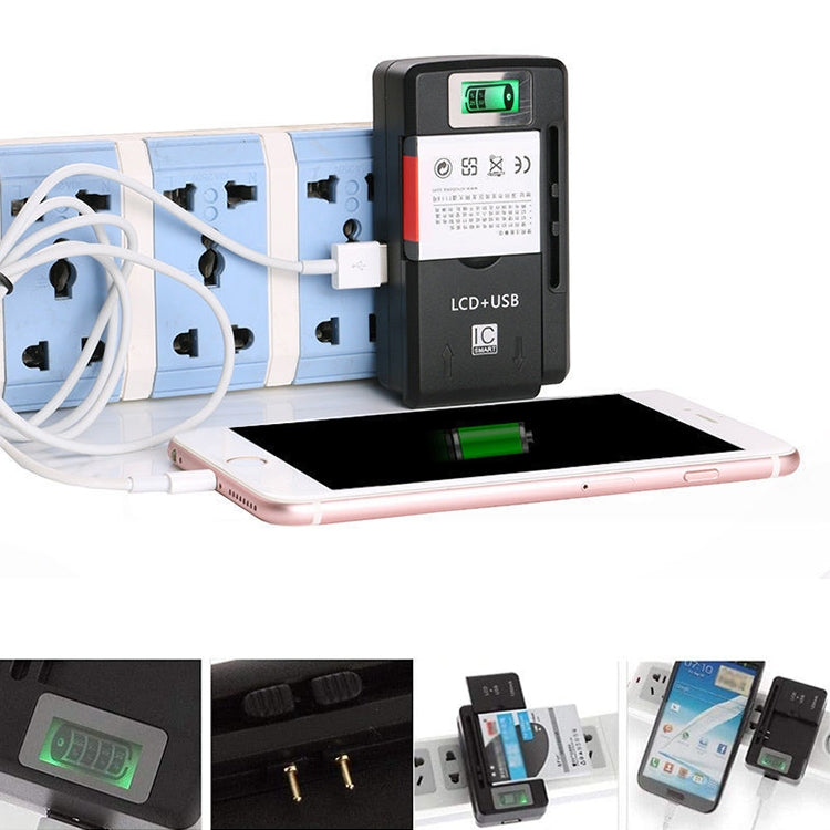 Universal Cell Phone Battery Charger with USB Output & LCD Display, US Plug, 800mA/1300mA