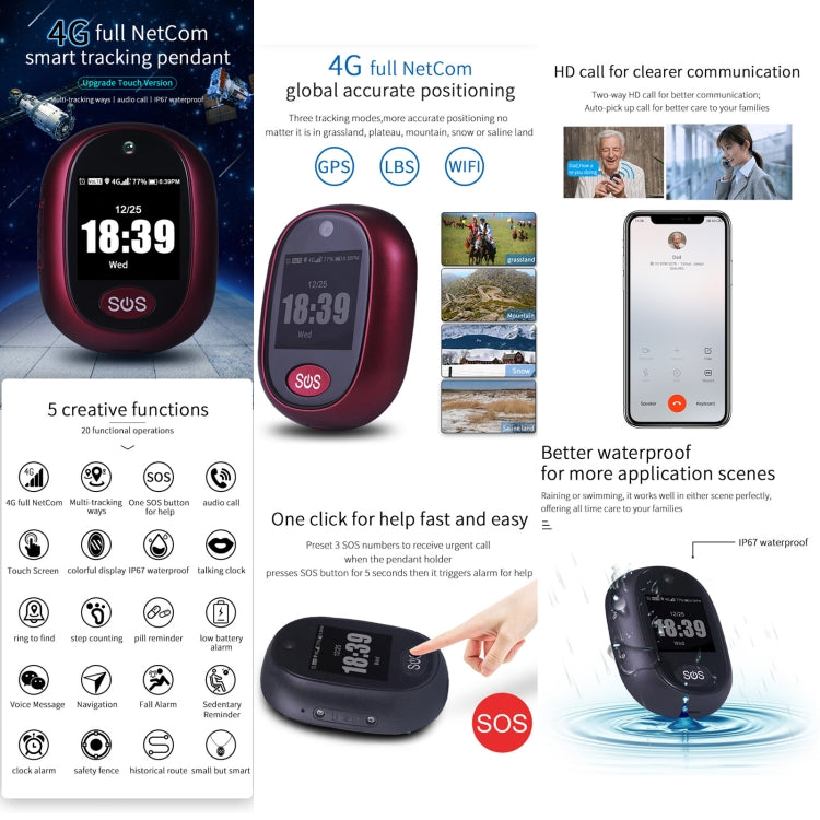 REACHFAR RF-V45-B Mini Touch Screen GPS Smart Tracker Pendant, Support SOS / Camera / Health Management / 4G LTE, For North America / South America / Australia, RF-V45-B Touch Screen