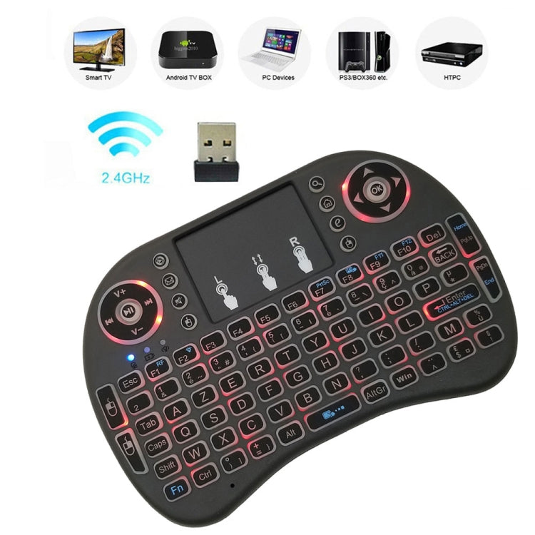 Support Language: French i8 Air Mouse Wireless Backlit Keyboard with Touchpad for Android TV Box & Smart TV & PC Tablet & Xbox360 & PS3 & HTPC/IPTV, French