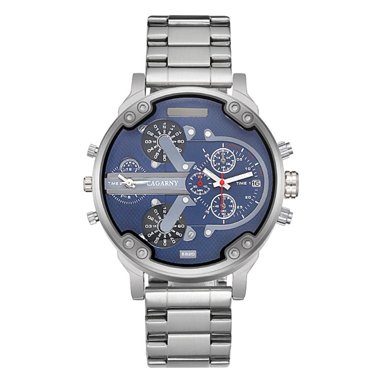 CAGARNY 6820 Fashionable Business Style Large Dial Dual Time Zone Quartz Movement Wrist Watch with Stainless Steel Band & Calendar Function for Men((Black Steel Band Blue Window), Black Steel Band Blue Window, Steel Band White Window                   ...