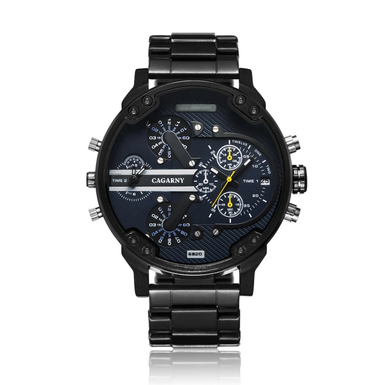 CAGARNY 6820 Fashionable Business Style Large Dial Dual Time Zone Quartz Movement Wrist Watch with Stainless Steel Band & Calendar Function for Men((Black Steel Band Blue Window), Black Steel Band Blue Window, Steel Band White Window                   ...