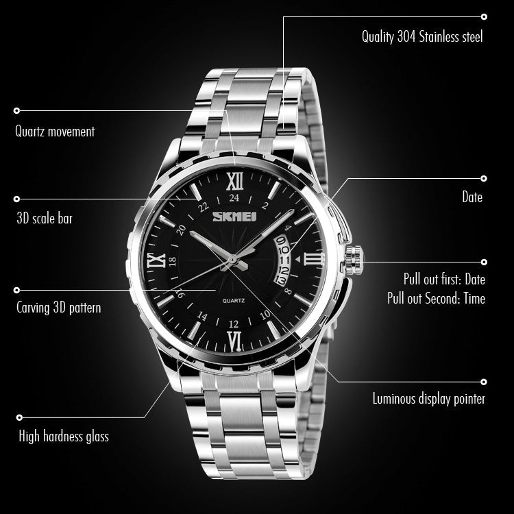 SKMEI 9069 Multifunctional Outdoor Fashion Business Waterproof Silver Shell Quartz Wrist Watch
