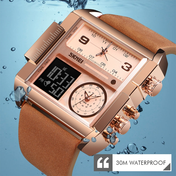 SKMEI 1391 Multifunctional Men Business Digital Watch 30m Waterproof Square Dial Wrist Watch with Leather Watchband