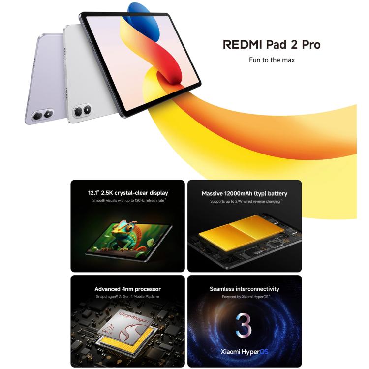 REDMI Pad 2 Pro 12.1 inch Soft Light Screen Tablet PC, 8GB+256GB, HyperOS 3, Snapdragon 7s Gen4 Octa Core CPU, 12GB+256GB Soft Light
