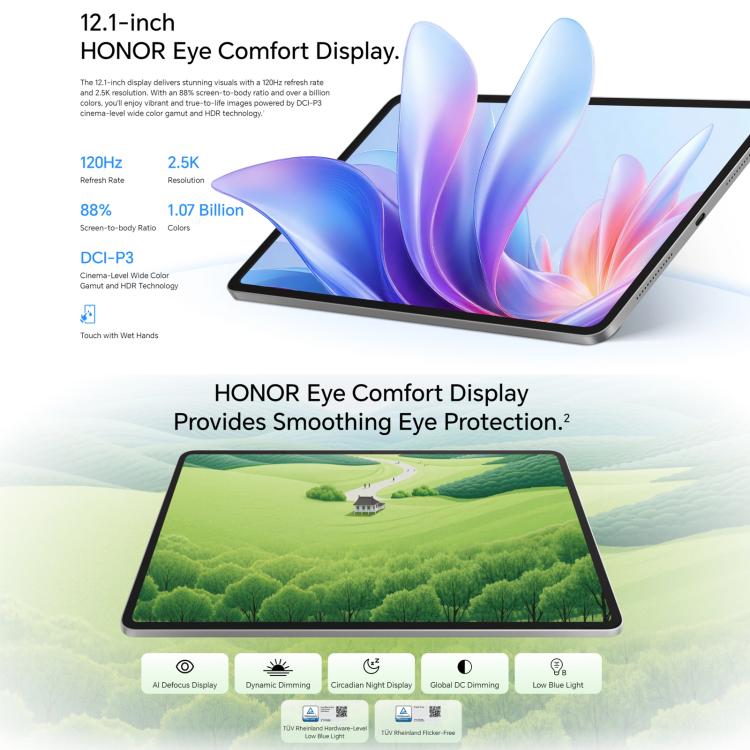 Honor Pad 10 WiFi Tablet PC, 12.1 inch 8GB+128GB MagicOS 9.0 Qualcomm Snapdragon 7 Gen3 Octa Core, 8GB+128GB