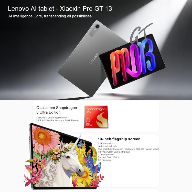 Lenovo Xiaoxin Pad Pro GT13, 13 inch 3.5K AI Learning Tablet WiFi, 8GB+256GB, Android 16, Snapdragon 8 Elite, US Plug, 8GB+256GB