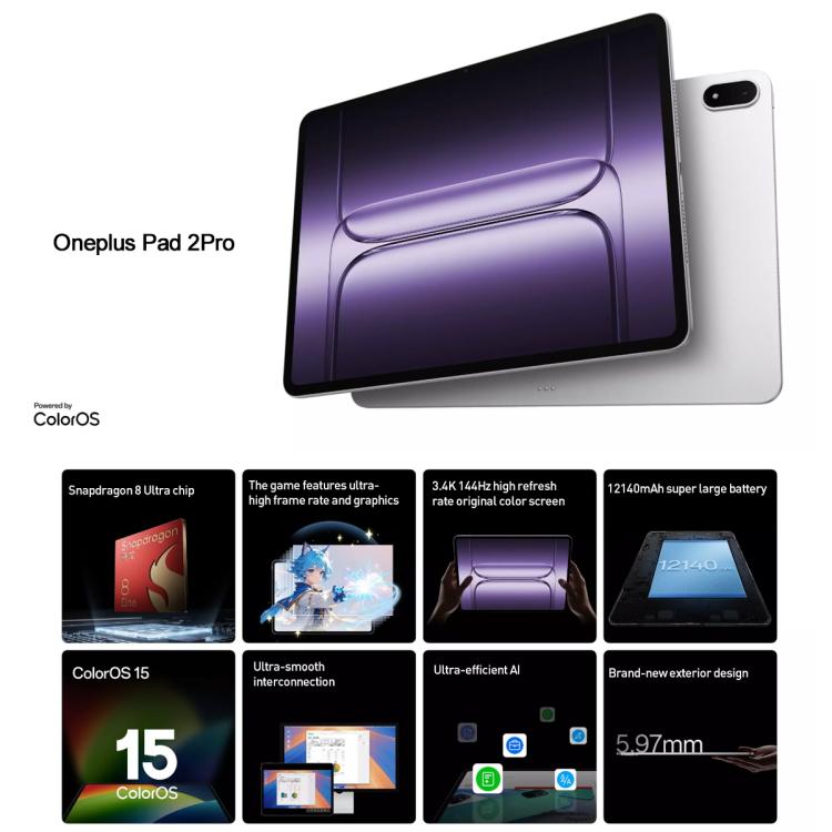 OnePlus Pad 2 Pro 13.2 inch WiFi Tablet PC, 8GB+256GB ColorOS 15.0 Qualcomm Snapdragon 8 Ultra Octa Core CPU, 8GB+256GB