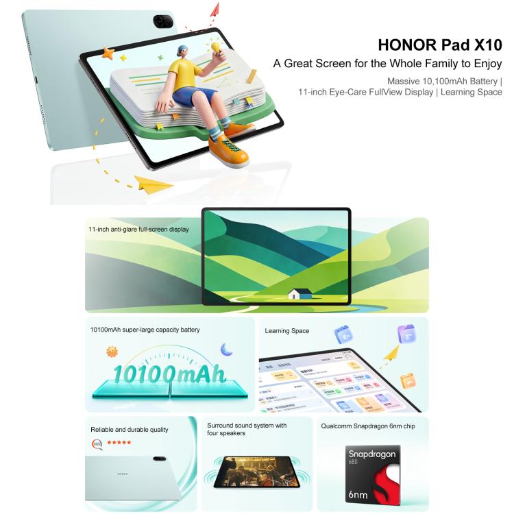 Honor Pad X10 WiFi Tablet PC, 11 inch 8GB+128GB MagicOS 9.0 Qualcomm Snapdragon 680 Octa Core, 8GB+128GB