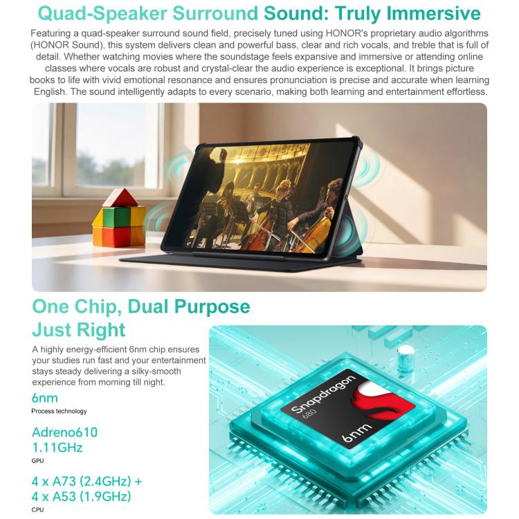 Honor Pad X10 WiFi Tablet PC, 11 inch 8GB+256GB MagicOS 9.0 Qualcomm Snapdragon 680 Octa Core, 8GB+256GB