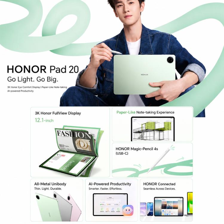 Honor Pad 20 Soft Light Edition WiFi Tablet PC, 12.1 inch 8GB+128GB MagicOS 10 Qualcomm Snapdragon 7 Gen3 Octa Core, US Plug, Soft Light Ed. 8GB+128GB
