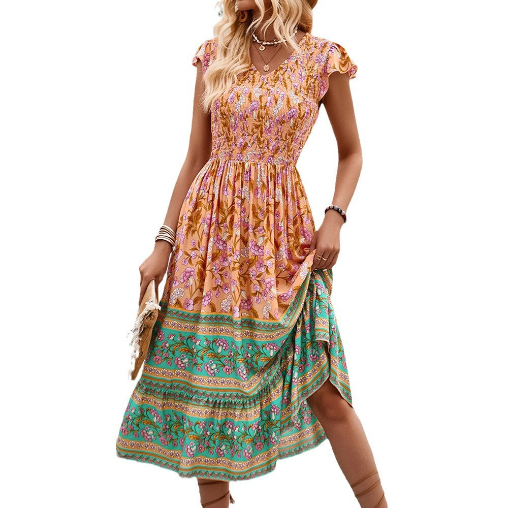 Amazon 2024 Summer Explosions Printed Bohemian Vacation V-Neck Flying Sleeve dress Women's in stock
