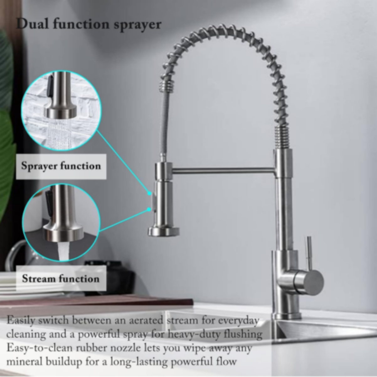 Monobloc Silver Kitchen Sink Mixer Taps with Pull Out Hose Spray Single LeverTap