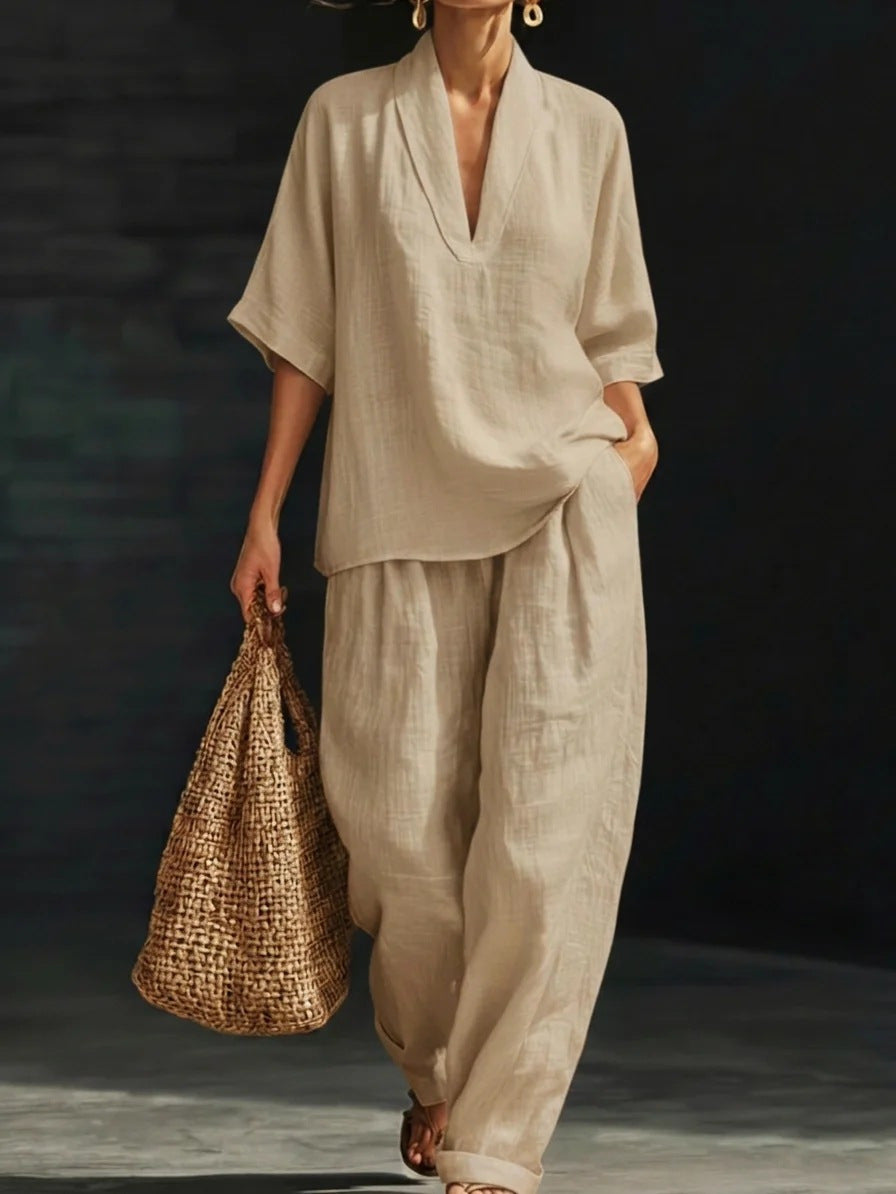 Women's V-neck woven solid colour casual fashion set
