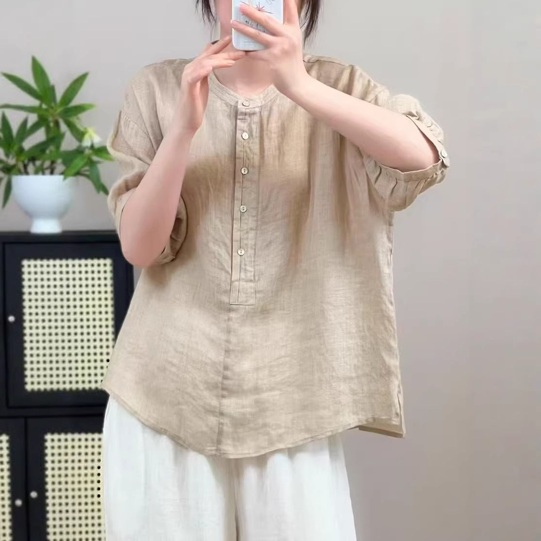 New Summer Ramie Shirt with Half-Button Closure, Artistic Round Neck, Simple Loose Fit Pullover Shirt with Mid-Sleeves