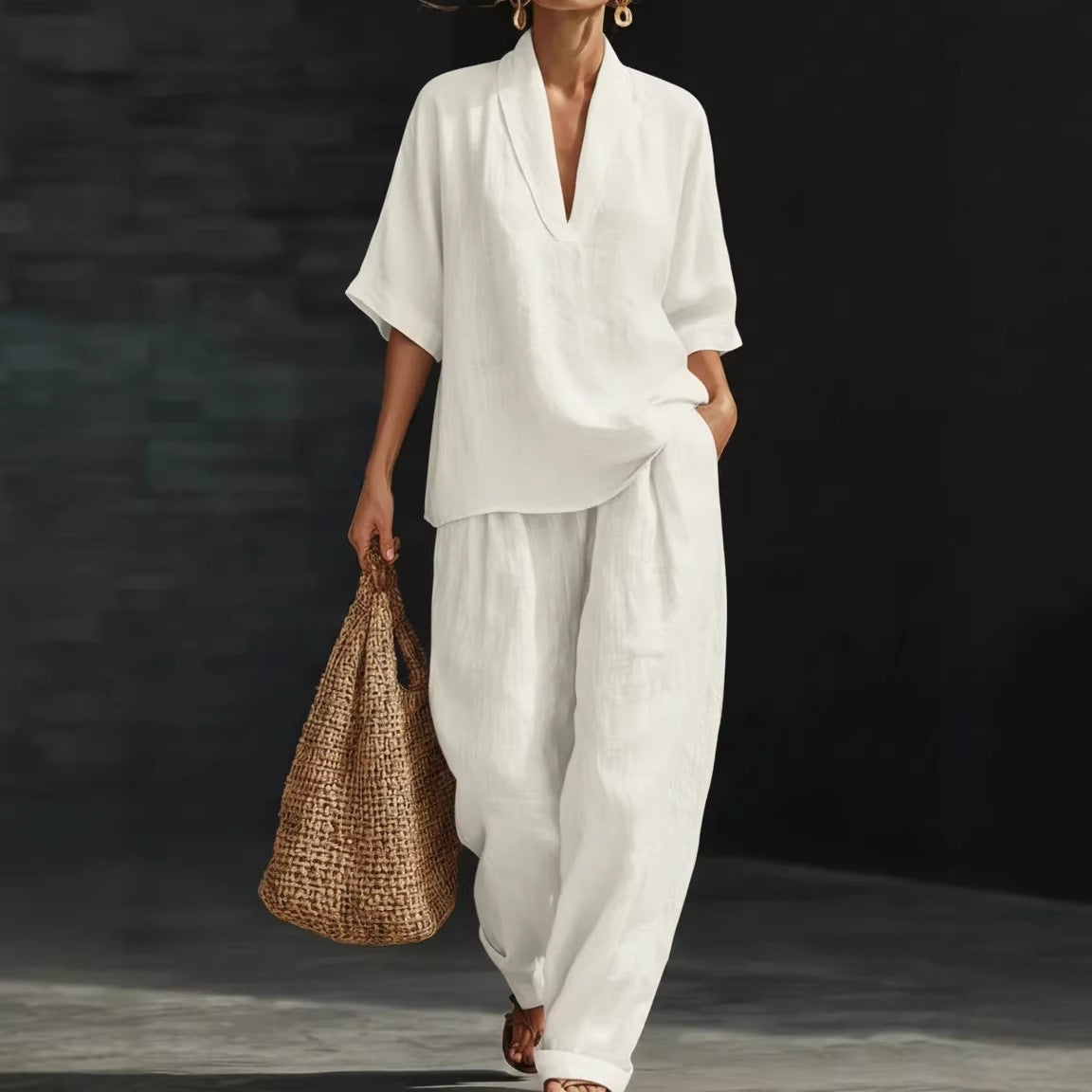 Women's V-neck woven solid colour casual fashion set