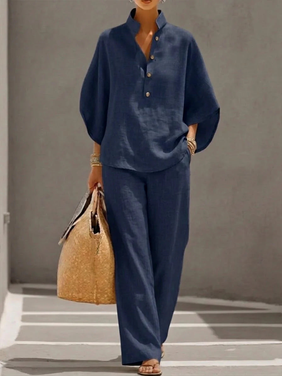 2026 Spring/Summer New Loose Stand Collar Batwing Sleeve Top and Wide Leg Pants Two-Piece Set, Casual Linen Suit