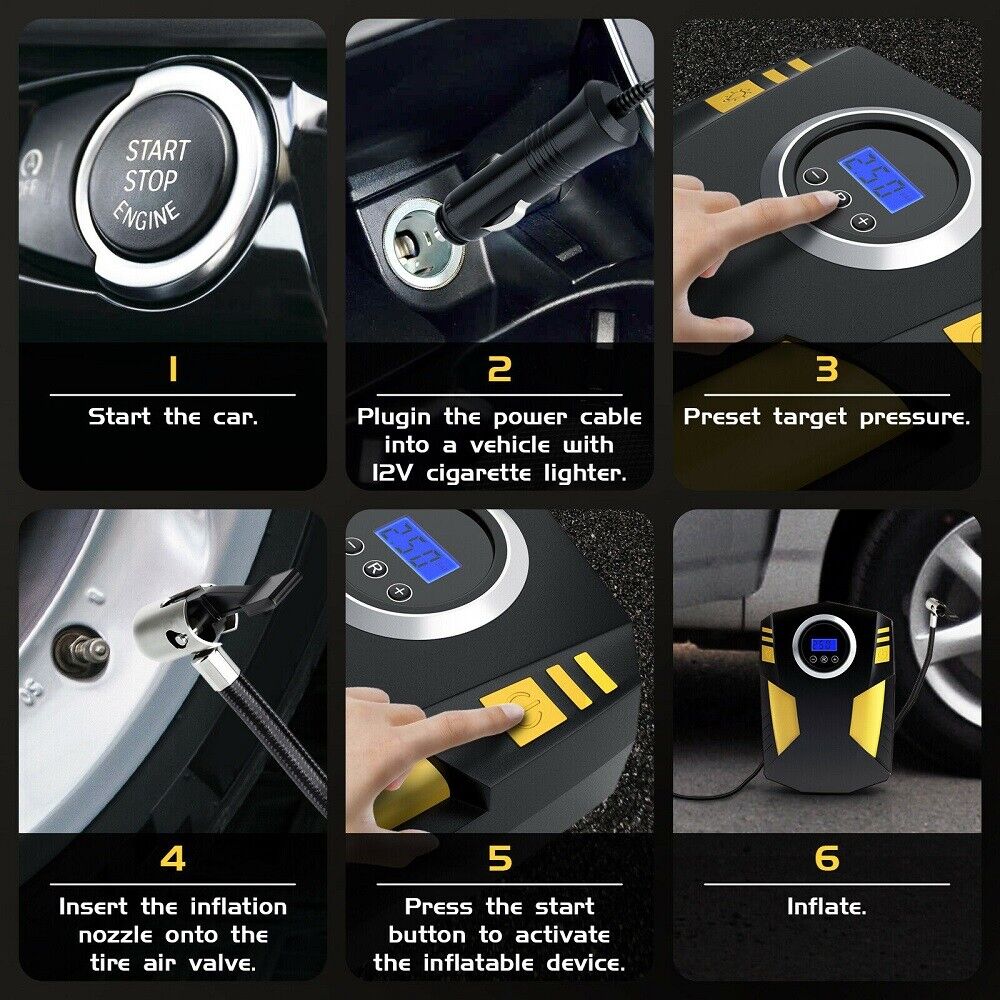 Digital Display Car Tire Inflator Portable, 12V DC Air Compressor W&LED Light