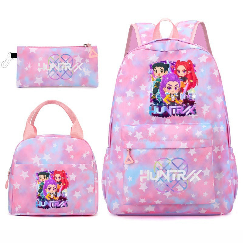 Kpop School Bag Cross-Border Hunting Girl Group Student Three-Piece Set School Bag Large Capacity Backpack Lightweight Cartoon School Bag