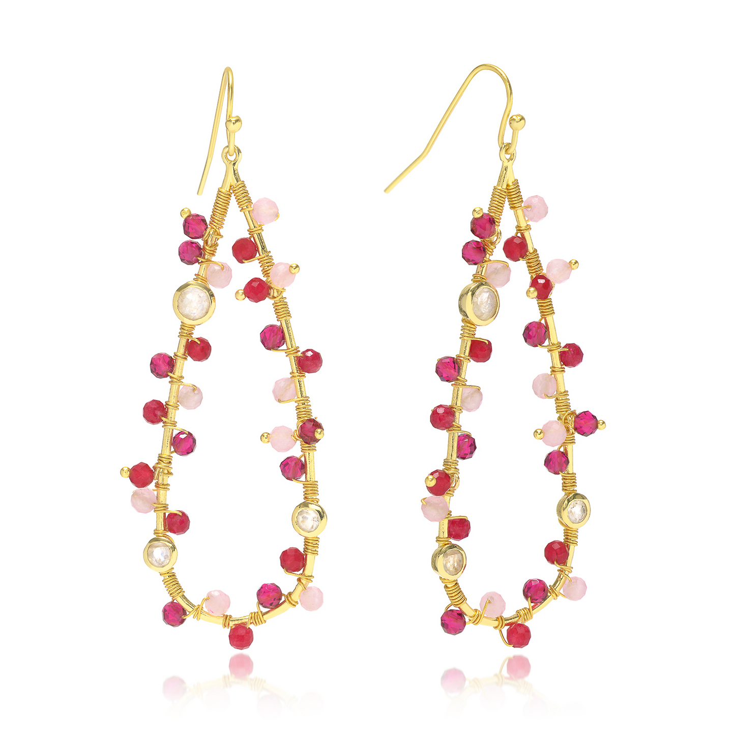 Hydra Large Teardrop Wire-Wrapped Gemstone Earrings Moonstone, Rose Quartz, Pink Jade and Pink Tourmaline