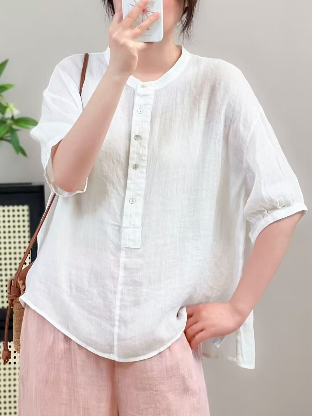 New Summer Ramie Shirt with Half-Button Closure, Artistic Round Neck, Simple Loose Fit Pullover Shirt with Mid-Sleeves