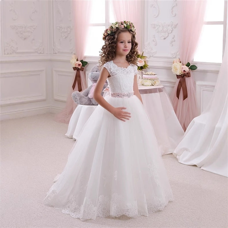 Cross-border European and American Foreign Trade Children's Wedding Dress Lace Bow Sleeveless Birthday Girl's Puffy Princess Long Dress