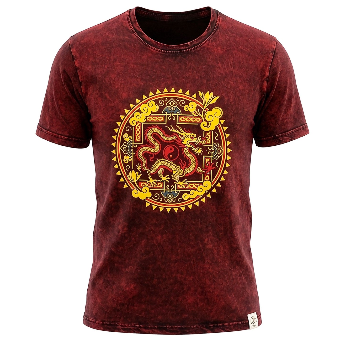 Nomad Sari Stonewashed Cotton T-Shirt - Dragon Mandala - Maroon - XL
