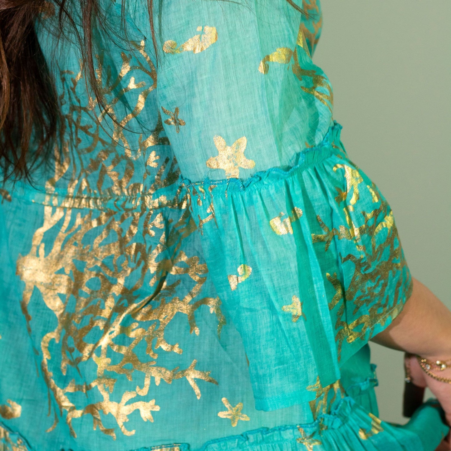 Nomad Sari Turquoise & Gold Coral Print Dress (L/XL)
