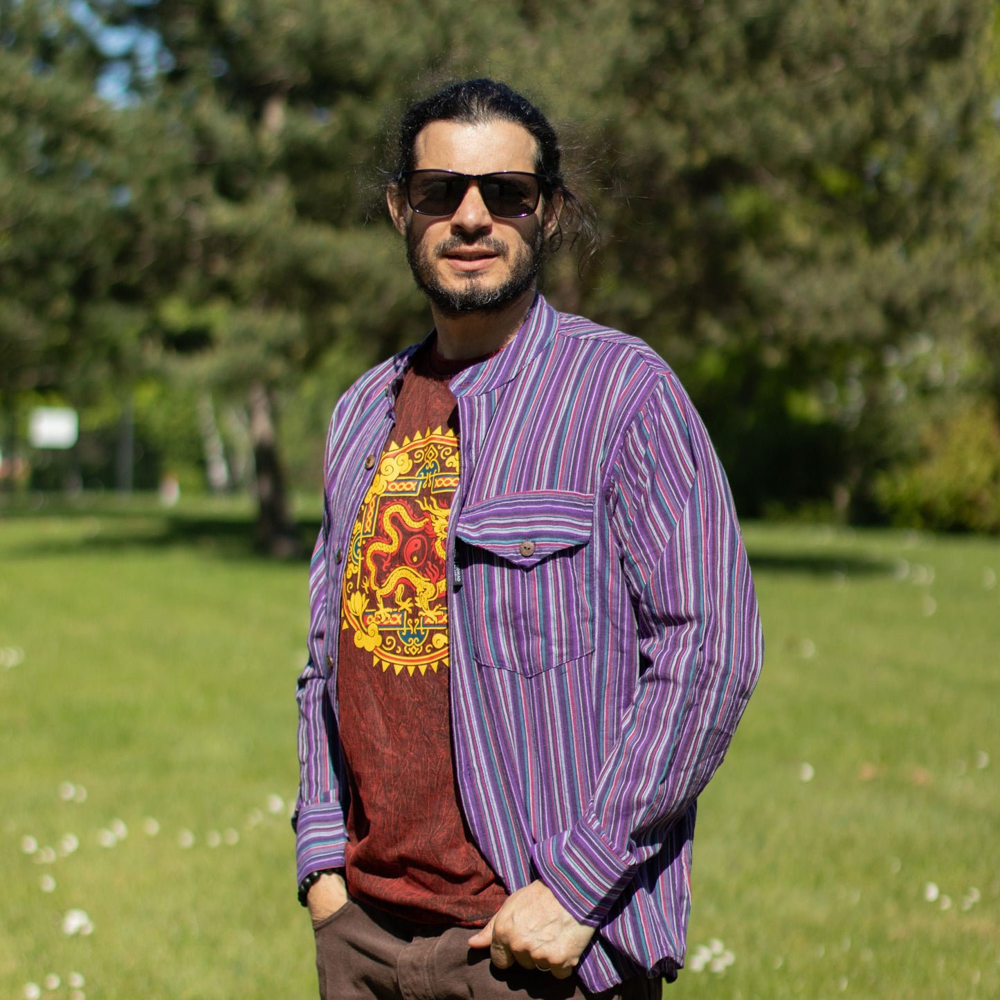 Nomad Sari Stonewashed Cotton T-Shirt - Dragon Mandala - Maroon - Large