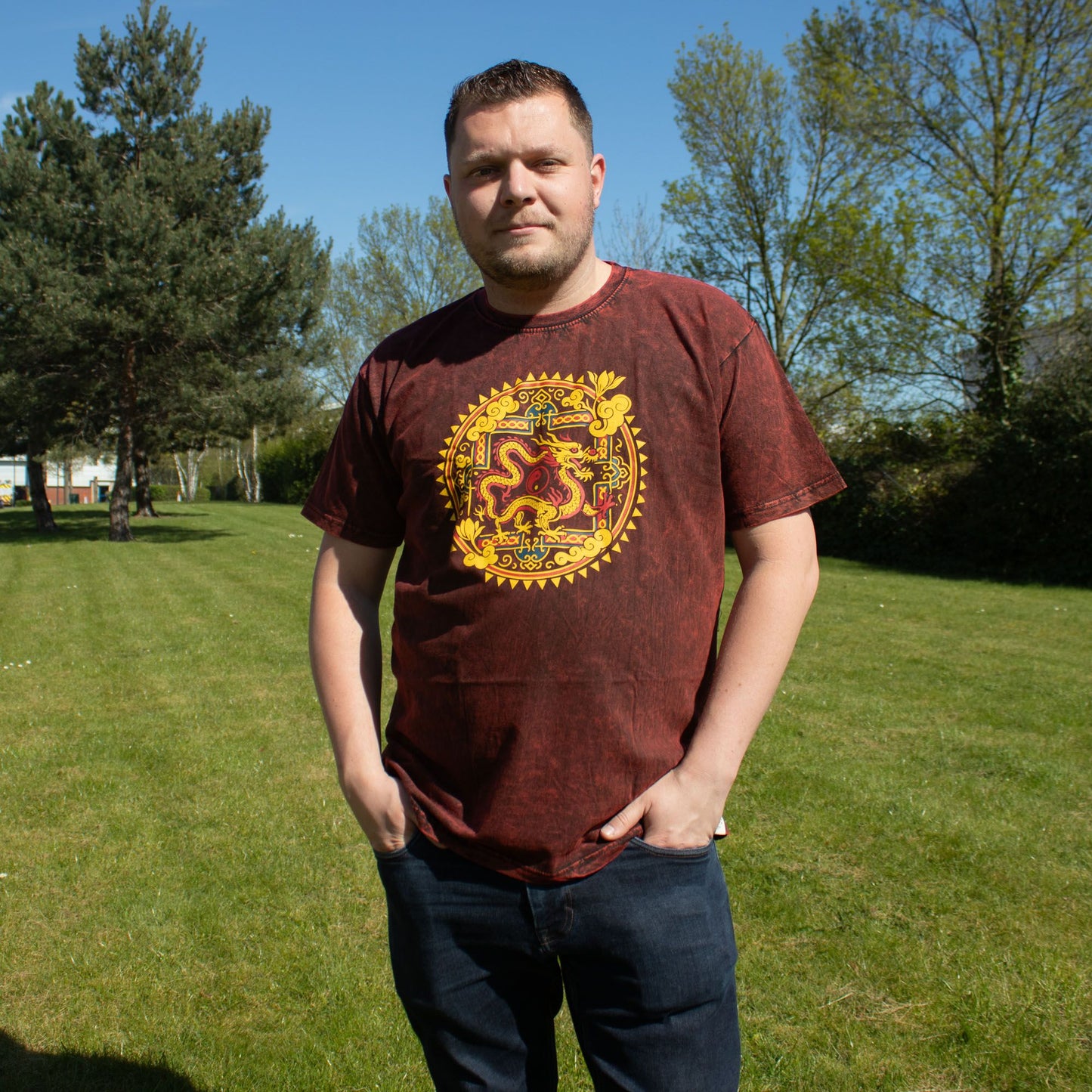 Nomad Sari Stonewashed Cotton T-Shirt - Dragon Mandala - Maroon - XL