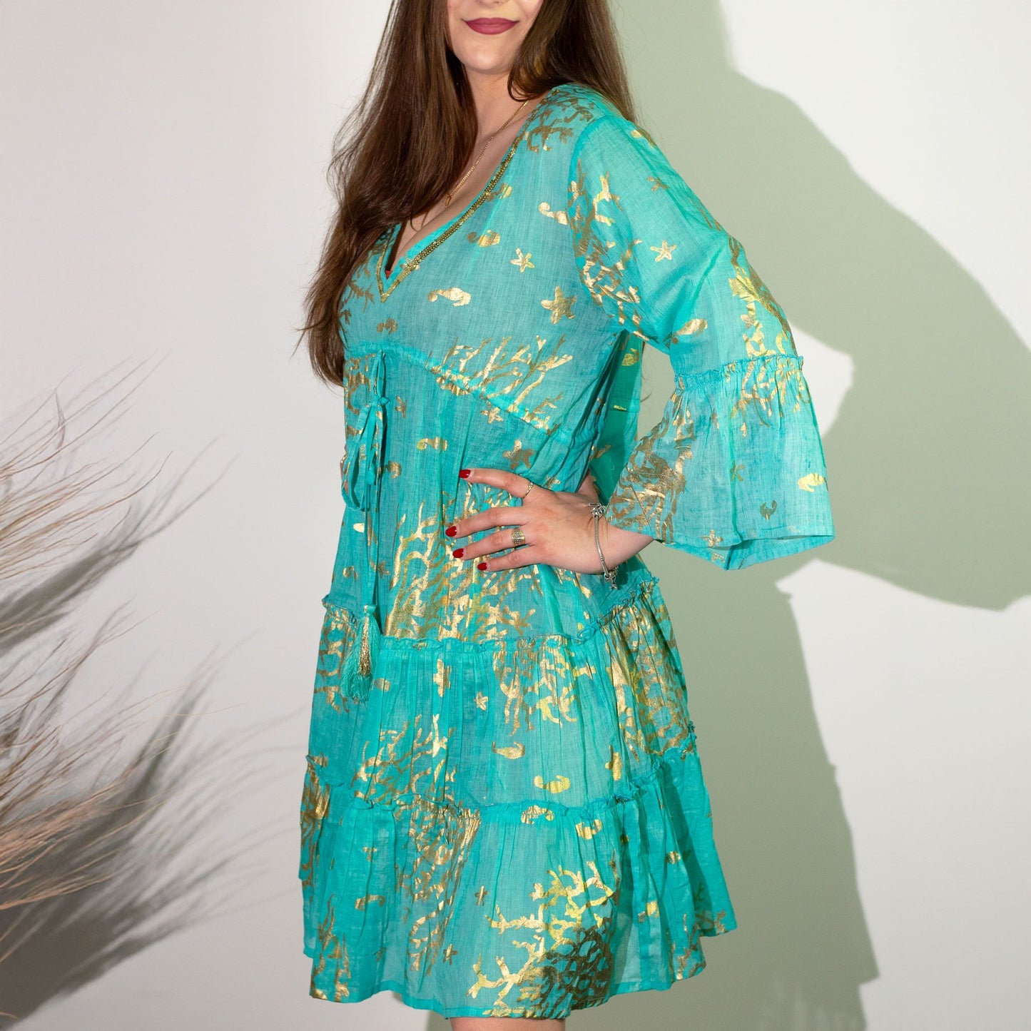 Nomad Sari Turquoise & Gold Coral Print Dress (L/XL)