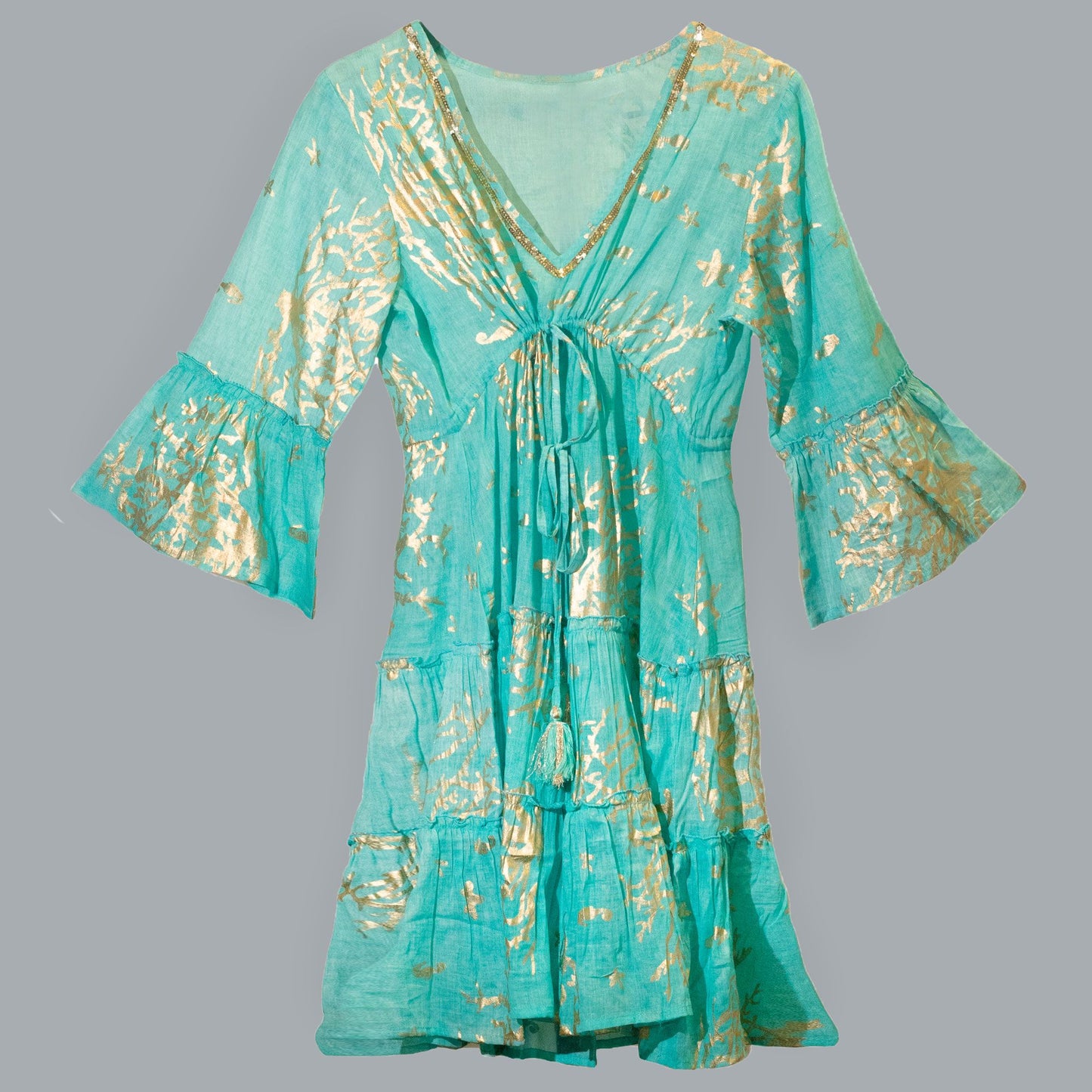 Nomad Sari Turquoise & Gold Coral Print Dress (L/XL)