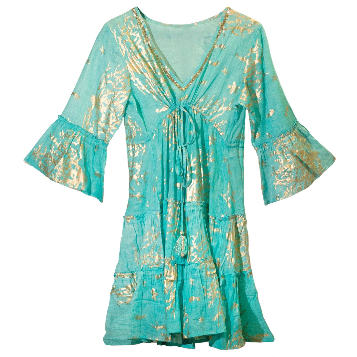 Nomad Sari Turquoise & Gold Coral Print Dress (L/XL)