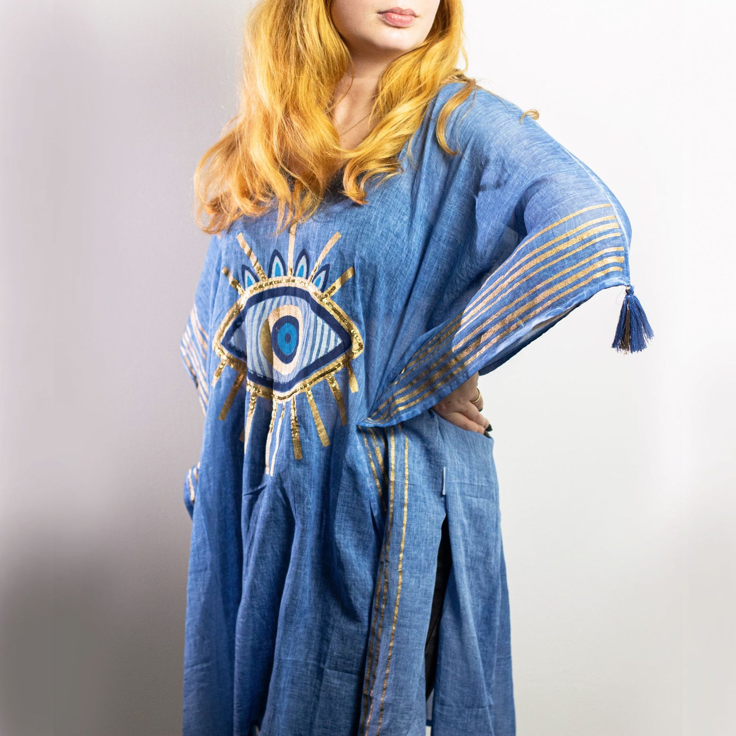 Nomad Sari Kaftan – Rich Blue & Gold Evil Eye Print