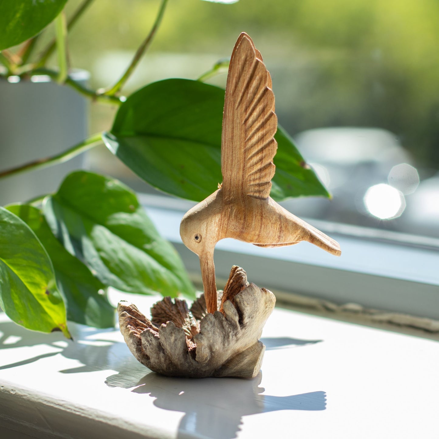 Handmade Parasite Wood Art Carving - Nectar Drinking Hummingbird