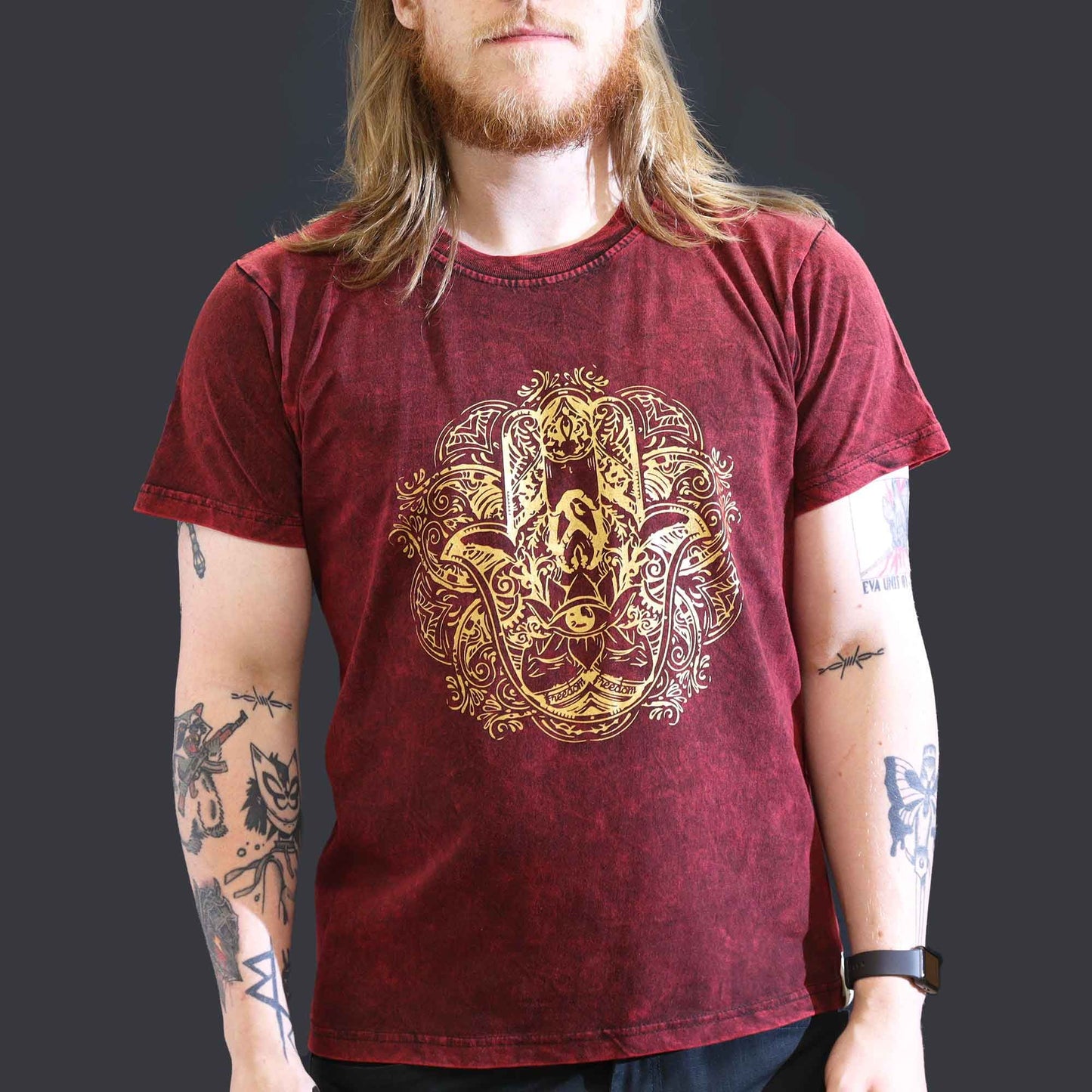 Nomad Sari Stonewashed Cotton T-Shirt – Hamsa – Maroon – Large