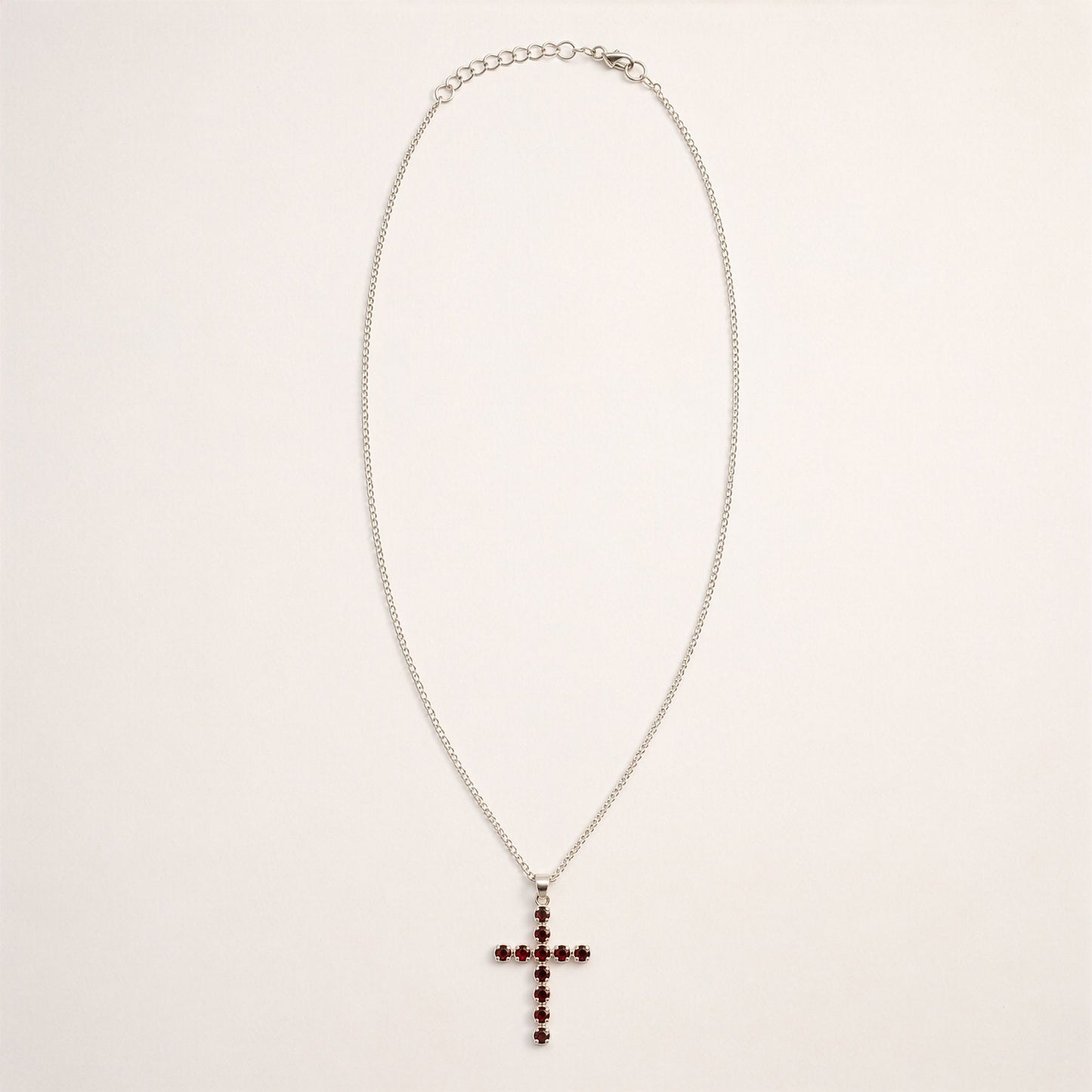 Indian Devotional Pendant - Silver Plated (45cm Chain)- Garnet Crucifix
