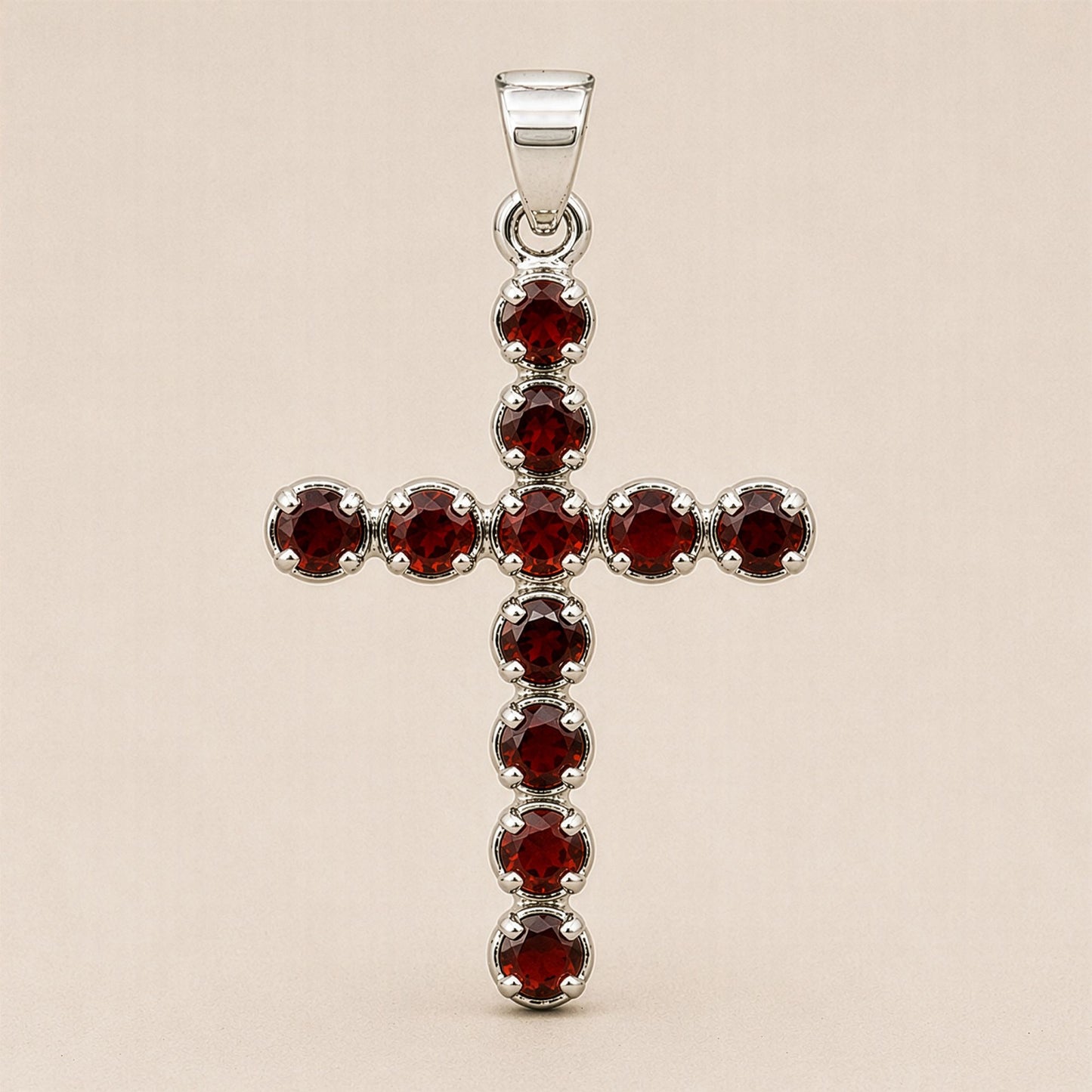 Indian Devotional Pendant - Silver Plated (45cm Chain)- Garnet Crucifix