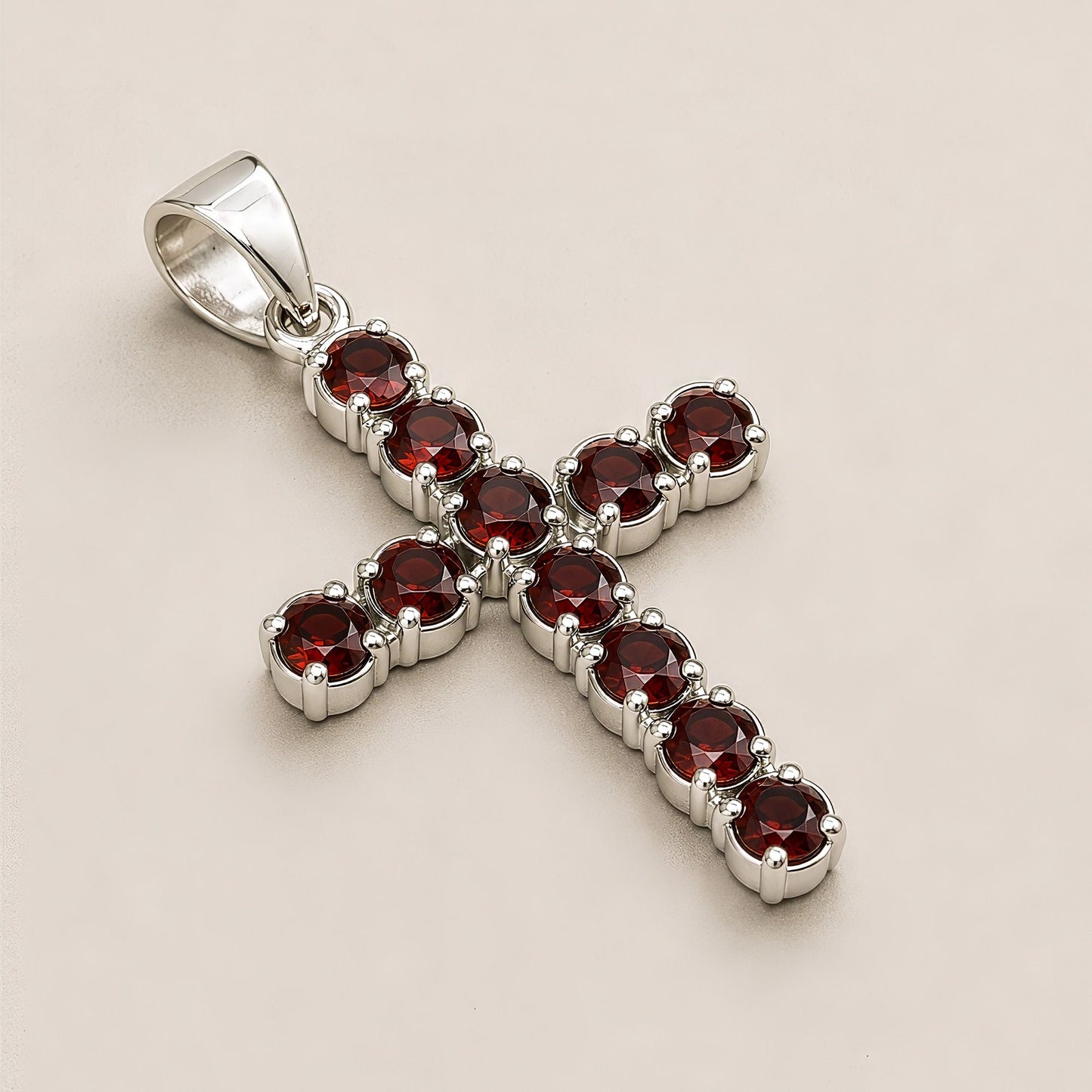Indian Devotional Pendant - Silver Plated (45cm Chain)- Garnet Crucifix