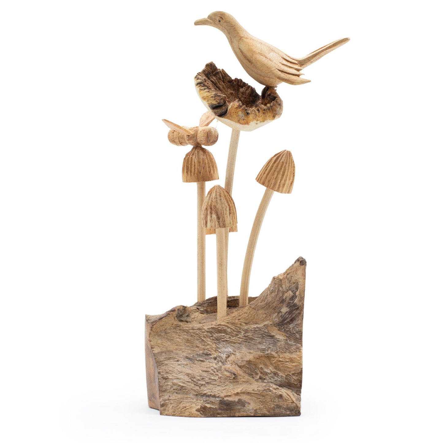 Handmade Parasite Wood Art Carving - Bird & Bee on Mushrooms