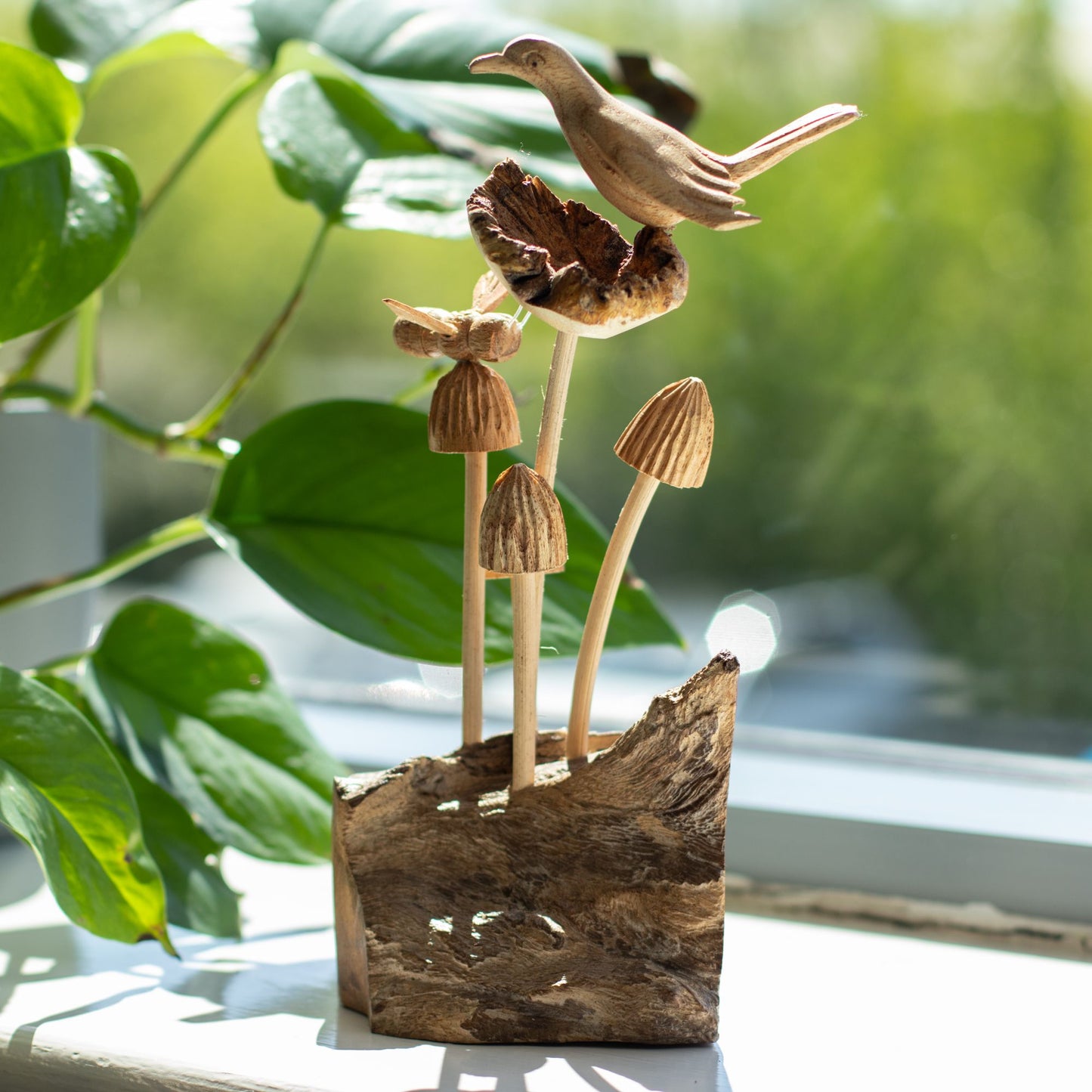 Handmade Parasite Wood Art Carving - Bird & Bee on Mushrooms