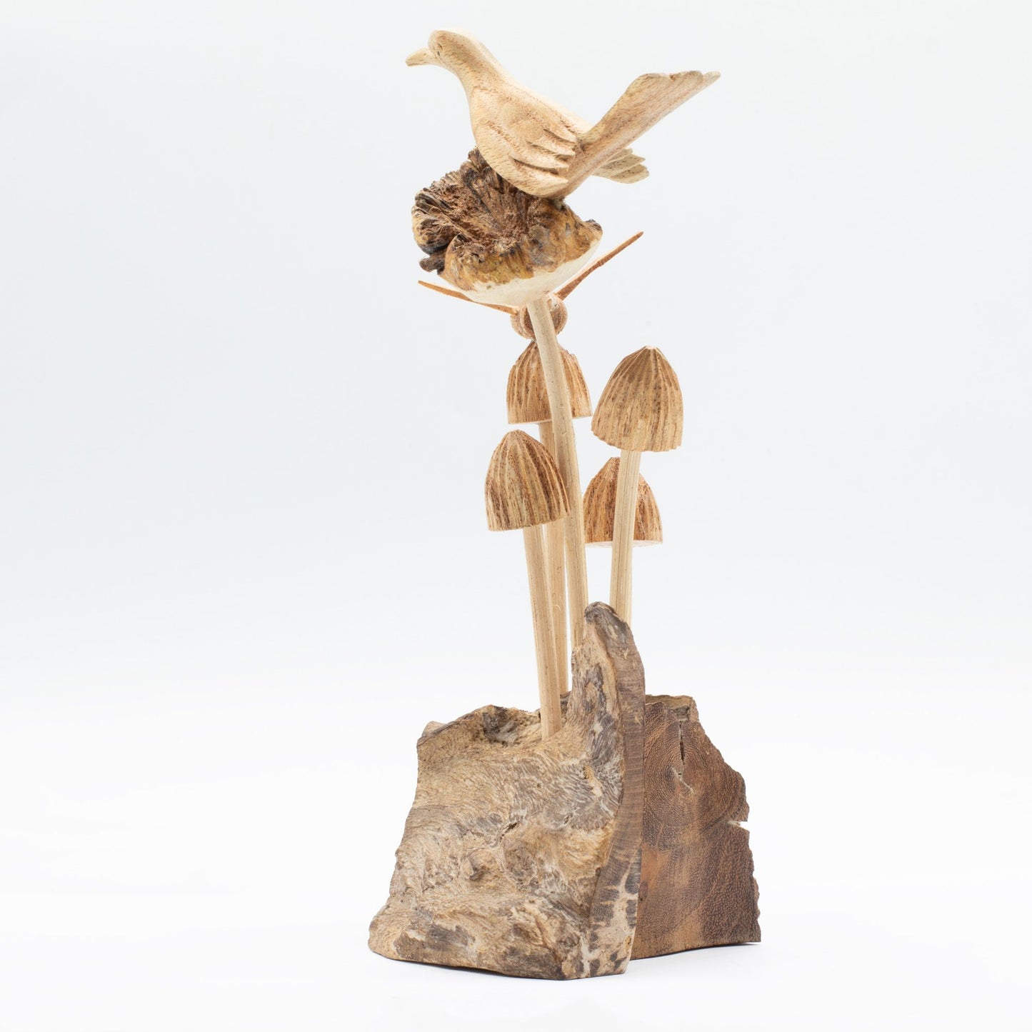 Handmade Parasite Wood Art Carving - Bird & Bee on Mushrooms
