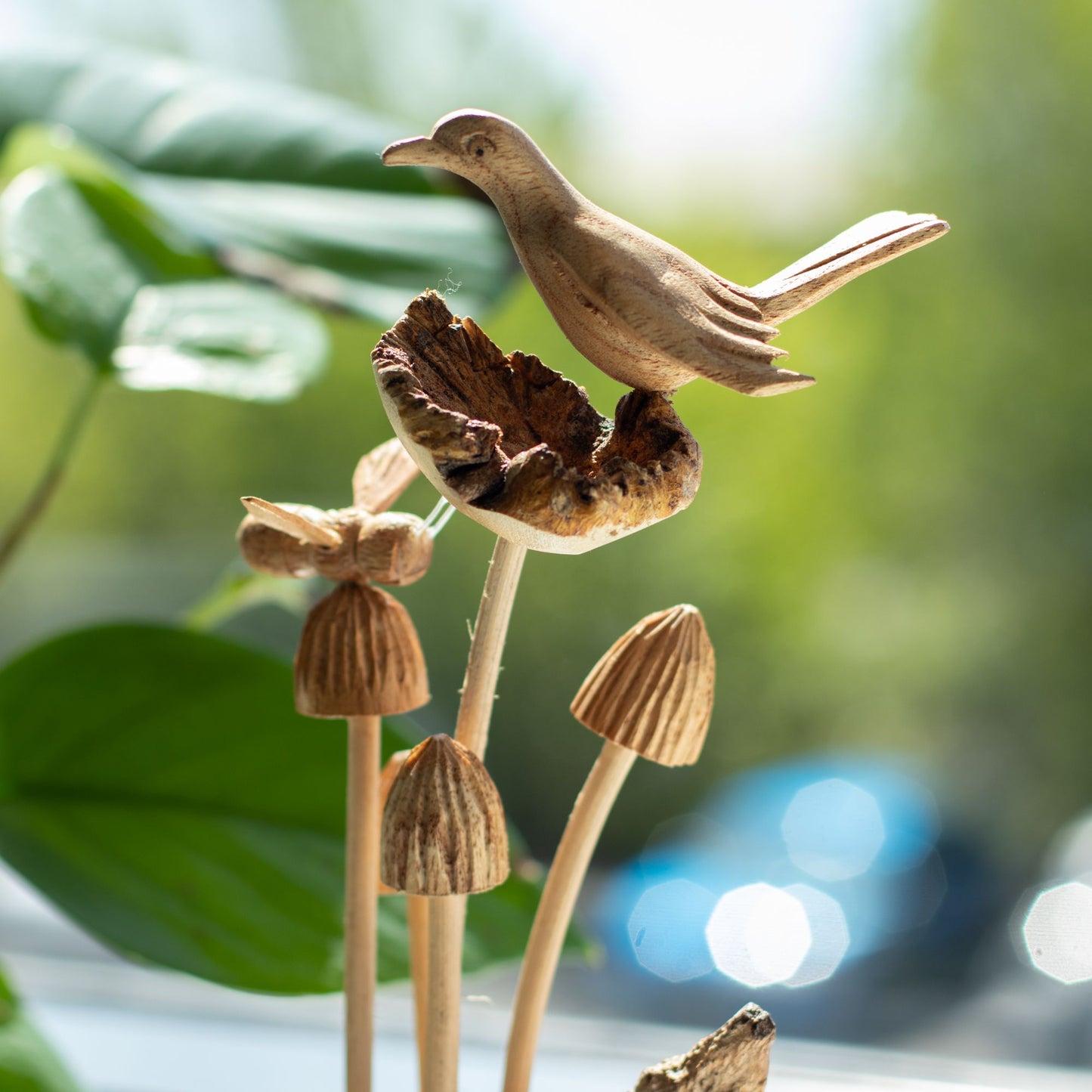 Handmade Parasite Wood Art Carving - Bird & Bee on Mushrooms