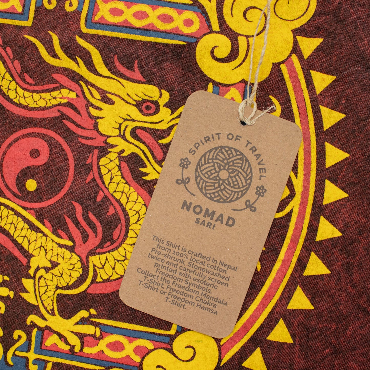 Nomad Sari Stonewashed Cotton T-Shirt - Dragon Mandala - Maroon - Large