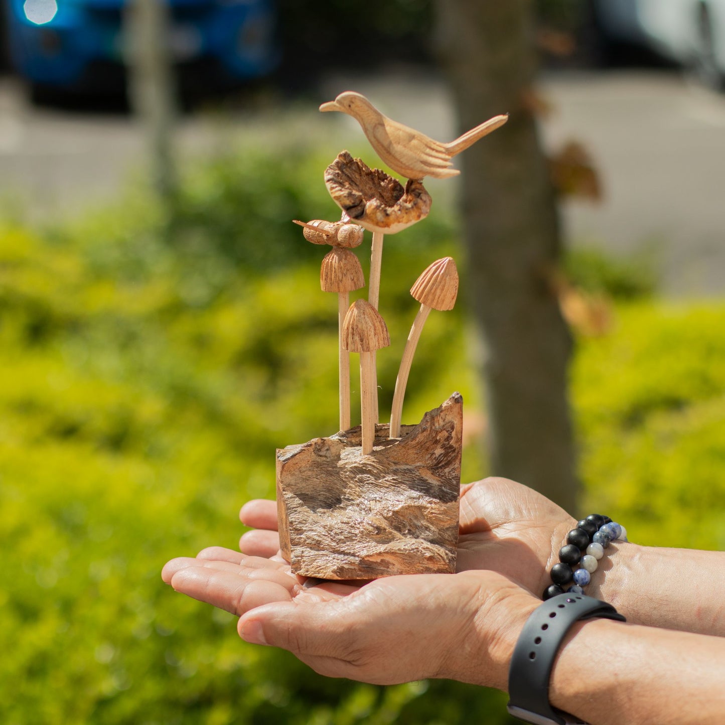 Handmade Parasite Wood Art Carving - Bird & Bee on Mushrooms