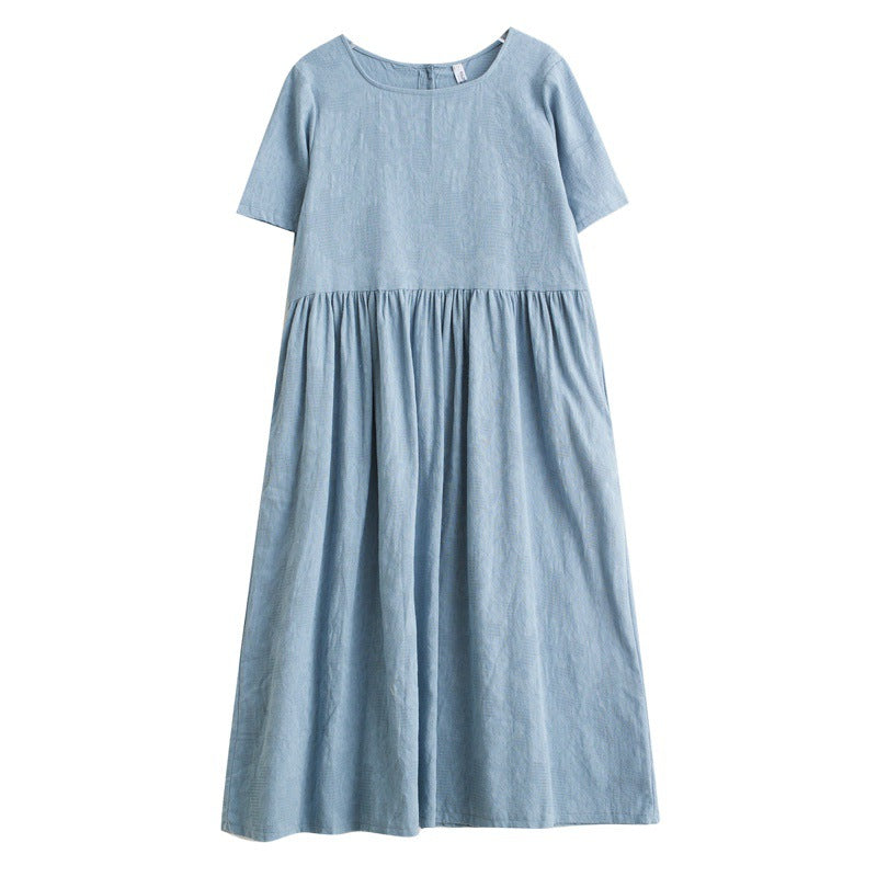 2025 New Cotton and Linen Jacquard Loose-Fitting Round Neck Solid Color Plus-Size Women's Short-Sleeve Dress