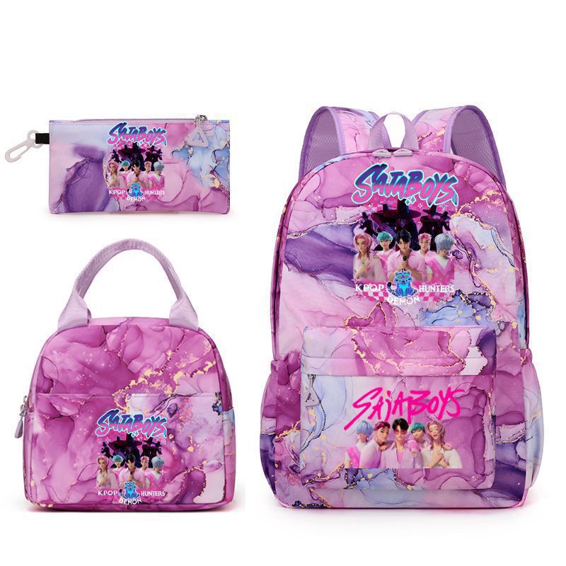 Kpop School Bag Cross-Border Hunting Girl Group Student Three-Piece Set School Bag Large Capacity Backpack Lightweight Cartoon School Bag