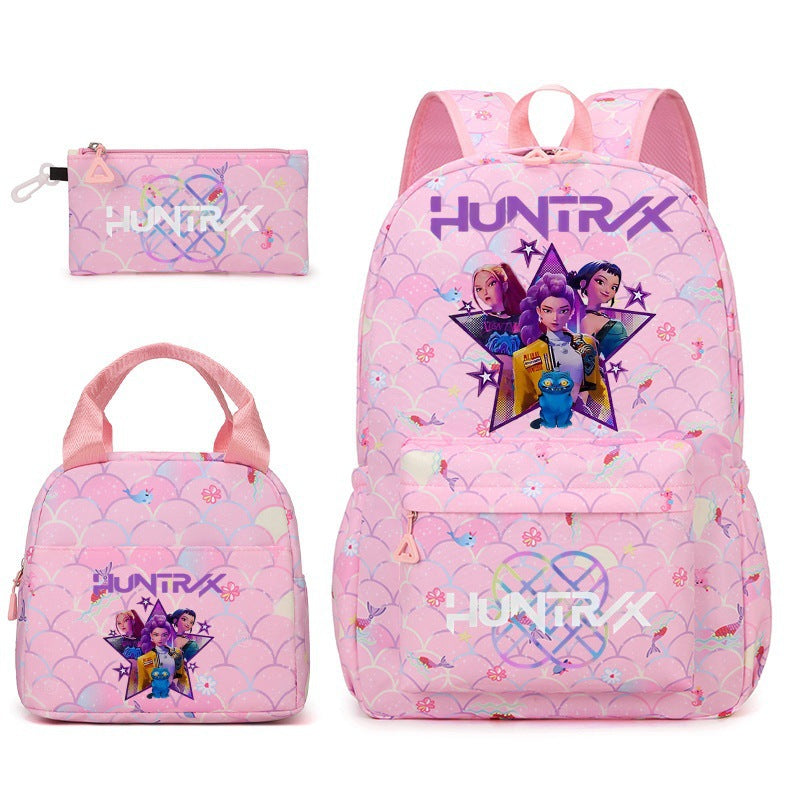 Kpop School Bag Cross-Border Hunting Girl Group Student Three-Piece Set School Bag Large Capacity Backpack Lightweight Cartoon School Bag