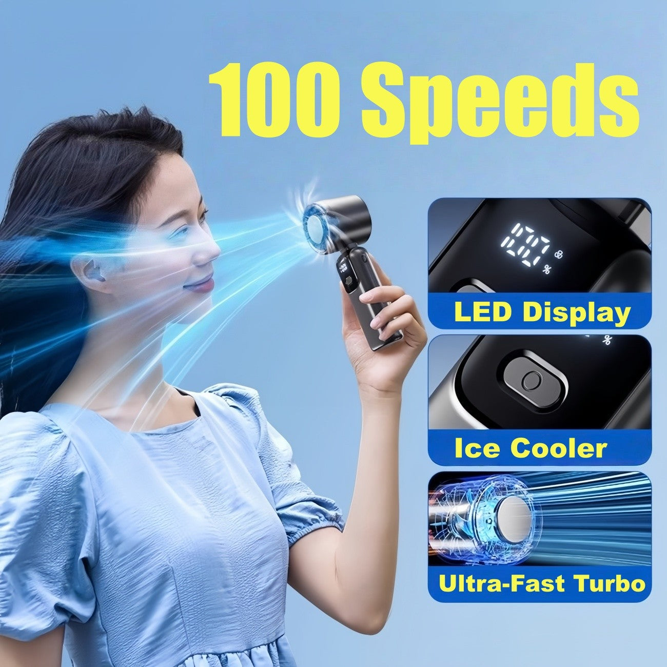 Portable Handheld Mini Turbo Fan In/Outdoor USB Rechargeable Ice Cooling Fans w/LED Display Fan