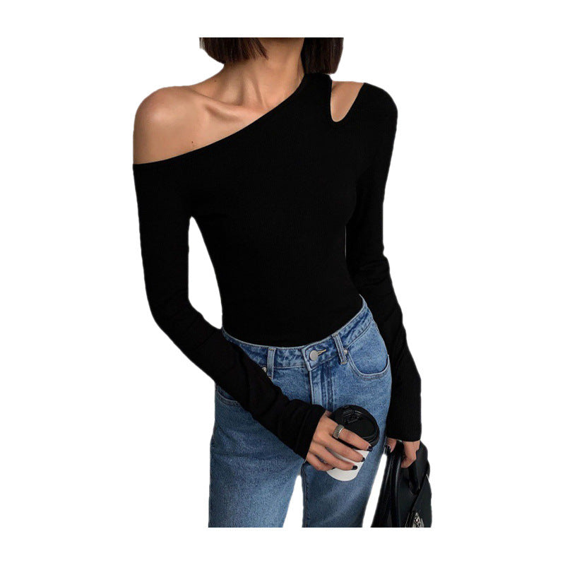zjh Black Sexy Shoulder Inclined Shoulder Base Shirt Women's Autumn All-match Long-sleeved T-shirt Tight Inner Shoulder Shoulder Shoulder Shoulder Shirt
