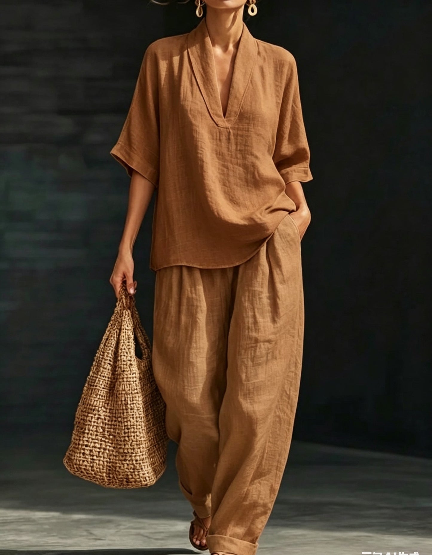Women's V-neck woven solid colour casual fashion set